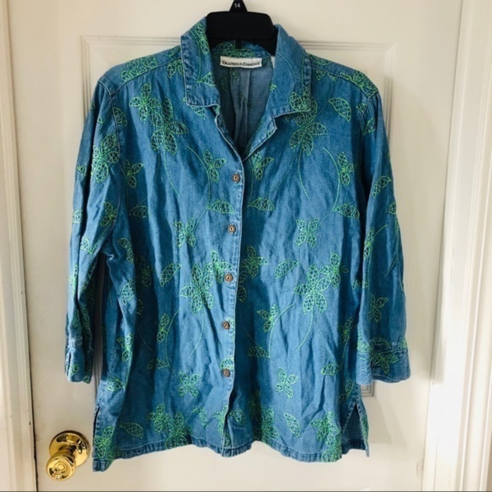 DRAPERS & DAMONS Denim chambray embroidered leaf print cotton shirt Size large
